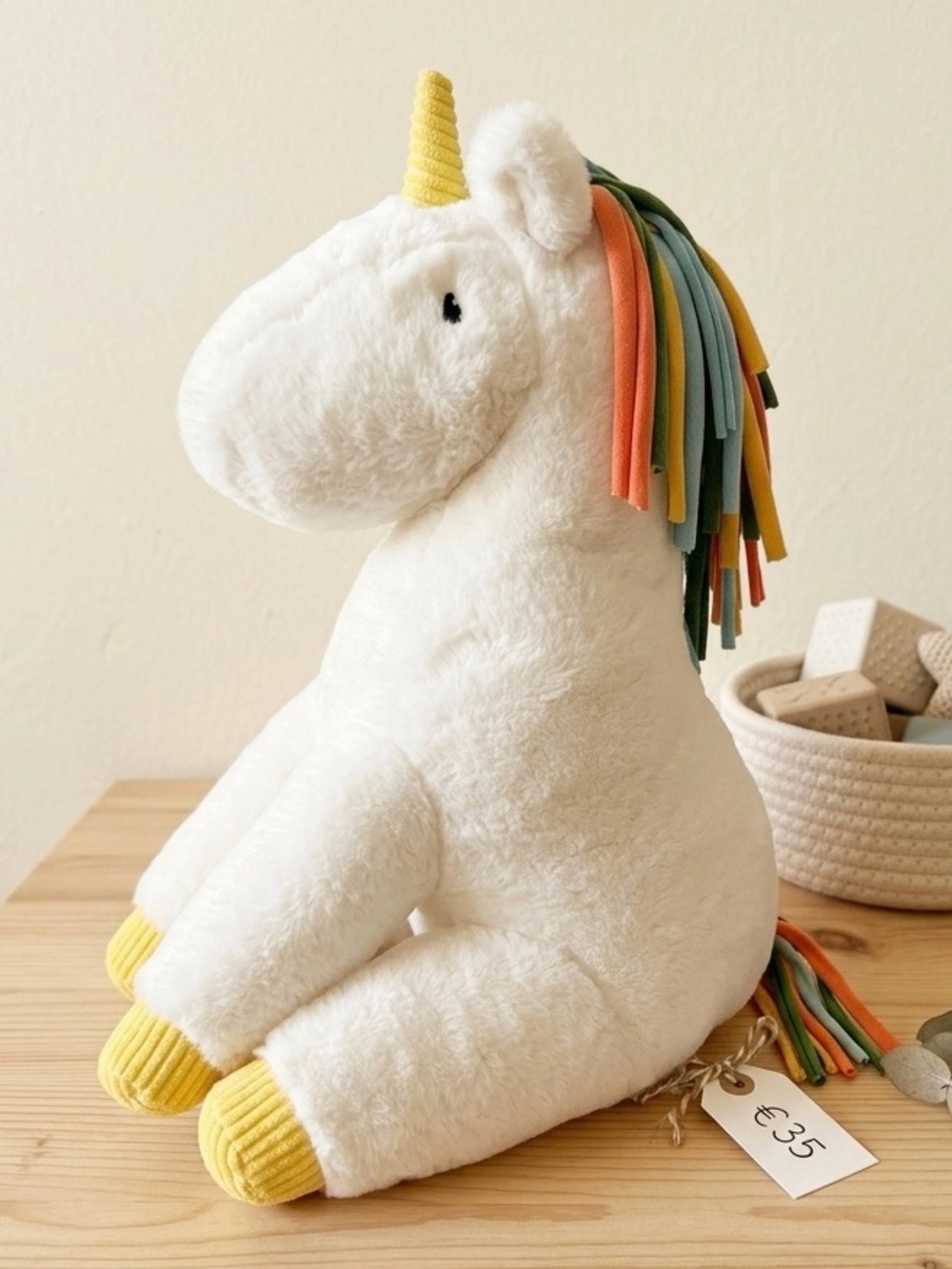 White Unicorn Plush Toy with Yellow Horn & Rainbow Mane - Kids Stuffed Animal